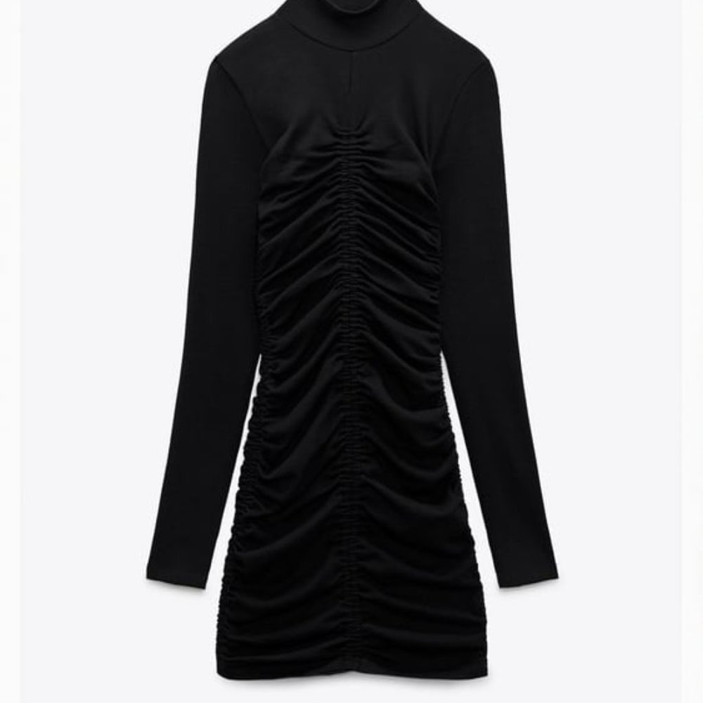 Zara Black Cotton Ruched Dress Size Large NWOT